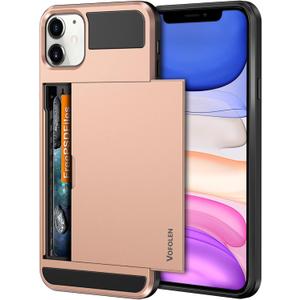 Vofolen Case for iPhone 11 Case Wallet Credit Card Holder ID Slot Sliding Door Hidden Pocket Anti-Scratch Dual Layer Hybrid Bumper Armor Protective Hard Shell Back Cover for iPhone 11 6.1 Rose Gold