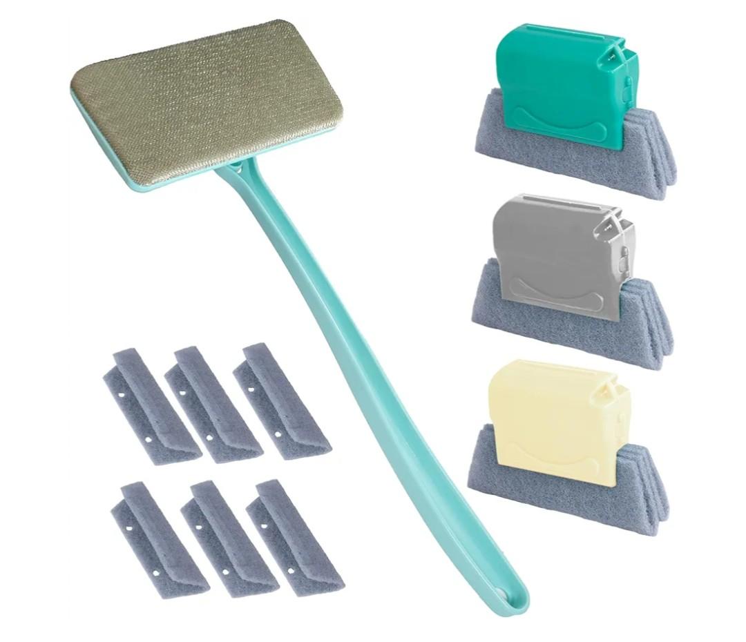 Window Screen Cleaner & Track Cleaning Kit – Mesh Screen Cleaning Brush + 3 Groove Brushes & 6 Replacement Cleaning Cloths – 14.8″ Detachable Long-Reach Handle, Wet & Dry Dual-Use