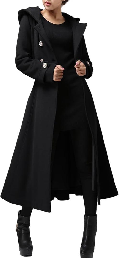 Cicy Bell Womens Long Double-Breasted Hooded Coat Winter Warm Wool Trench Coat with Belts (X-Large, Black)