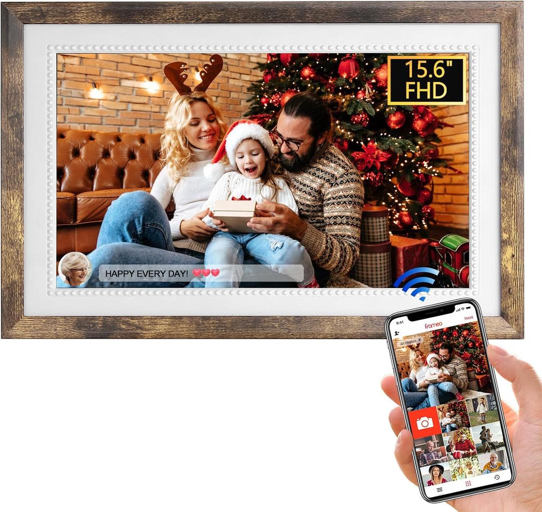 FRAMEO 15.6'' WiFi Digital Picture Frames 32GB Smart Touch Screen Digital Photo Frame 1920 * 1080 IPS FHD Large Digital Picture Frame Share Photos and Videos Anytime, Anywhere with The FRAMEO app (Patina)