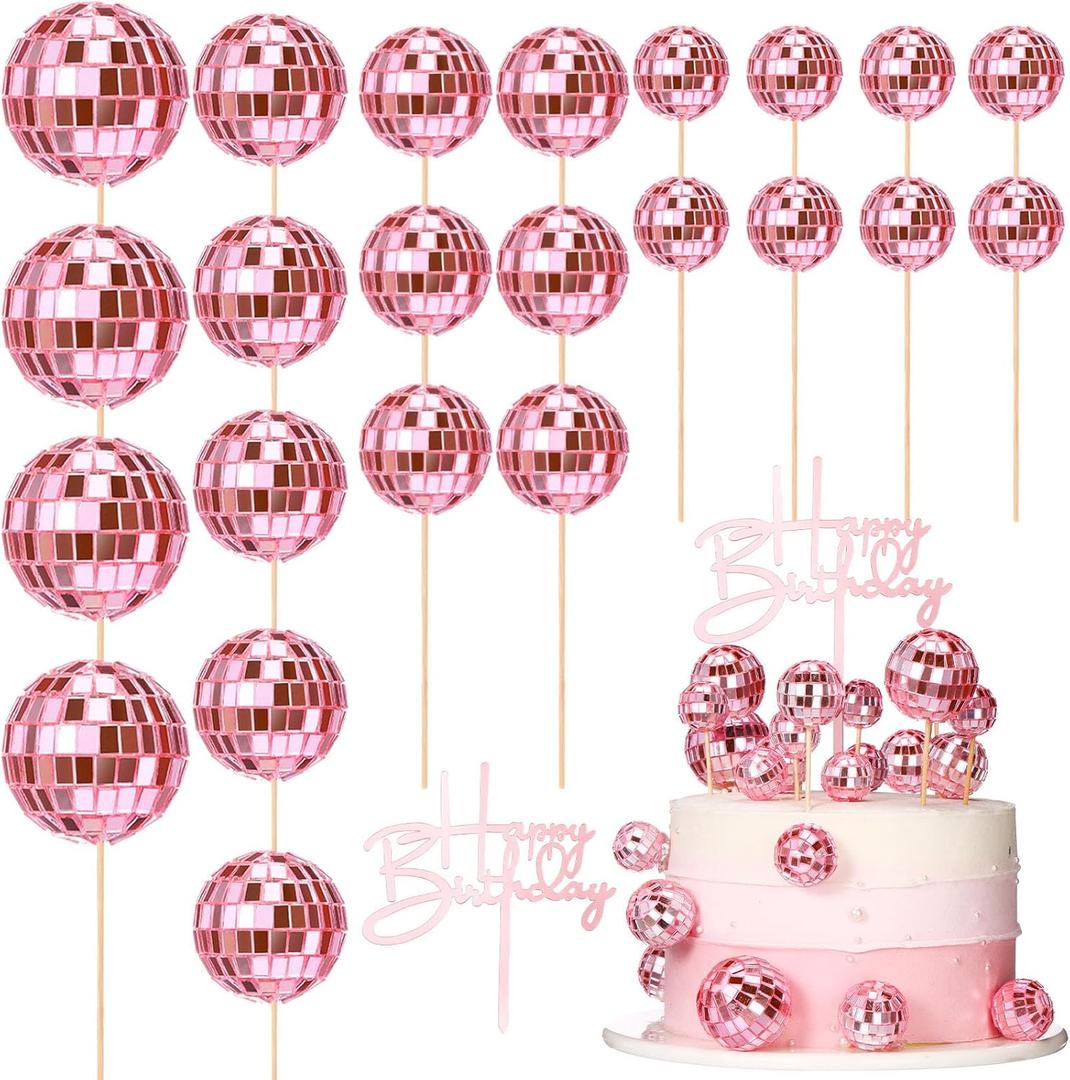 Teenyyou 24 Pcs Disco Ball Cupcake Toppers Happy Birthday Cake Topper 1970s Retro Cake Decorations Shiny Pink Mini Disco Ball Toppers for 70s 80s Theme Party Supplies(Pink)
