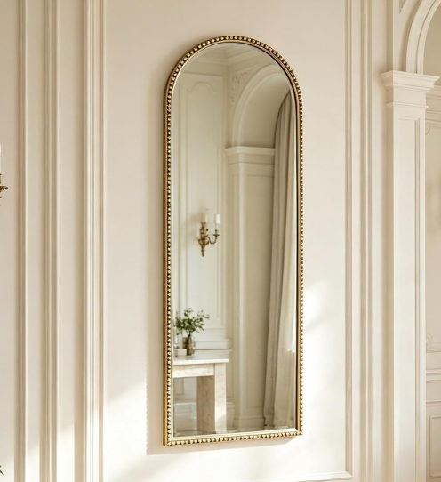 Arched Full Length Mirror,16x47" Gold Dressing Floor Long Full Body Mirror
Arch Brass Vintage Beads Vanity Standing Mirror for Washroom, Living Room, Entryway, Bathroom, Fireplace