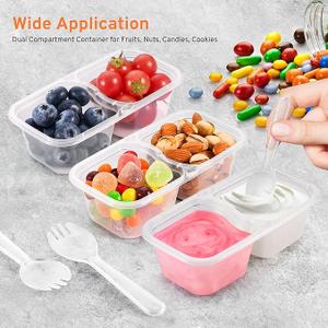 20 Set Snack Containers with Lids & Spoons, Reusable Double Compartment Condiment Containers for Lunches Picnics Parties, BPA-Free, Microwave Safe, Transparent