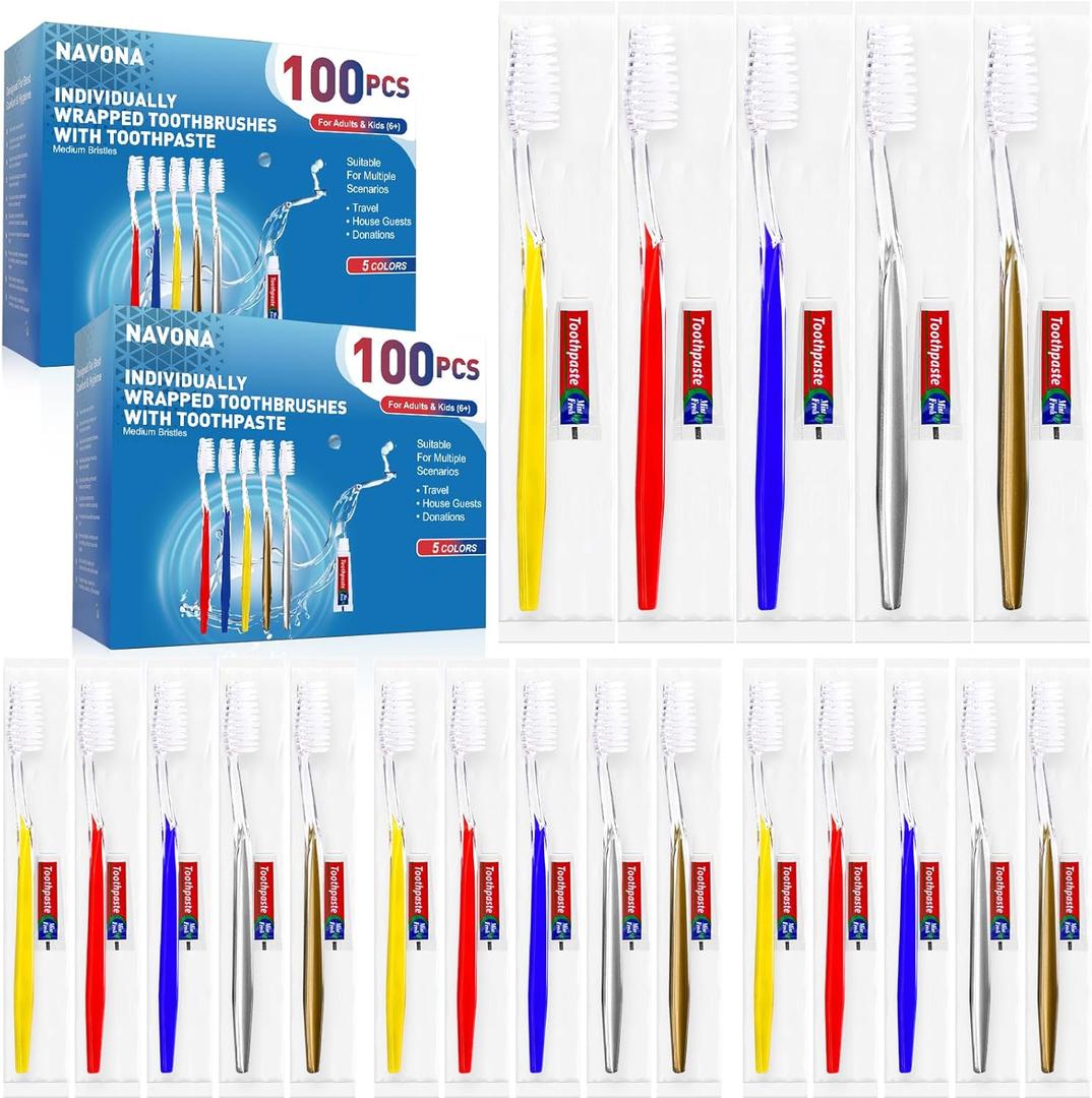 Navona 200 PCS Disposable Toothbrush with Toothpaste Bulk, Travel Toothpaste, Bulk Toothpastes, Individually Wrapped Bulk Toothbrush, Ergonomics Handle,Medium Soft Bristle, Perfect for Travel, Hotel (1 Count (Pack of 200))
