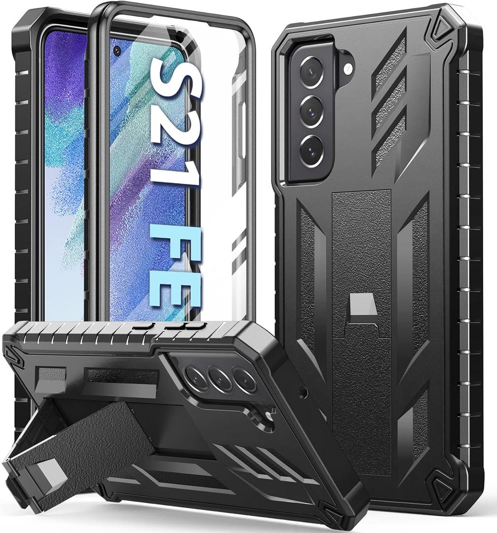 for Samsung Galaxy S21-FE Protective Case: Dual-Layer Military Grade Drop Proof Full Protection Cover with Kickstand | Durable Rugged Shockproof TPU Matte Textured Tough Phone Bumper Shell (Black)