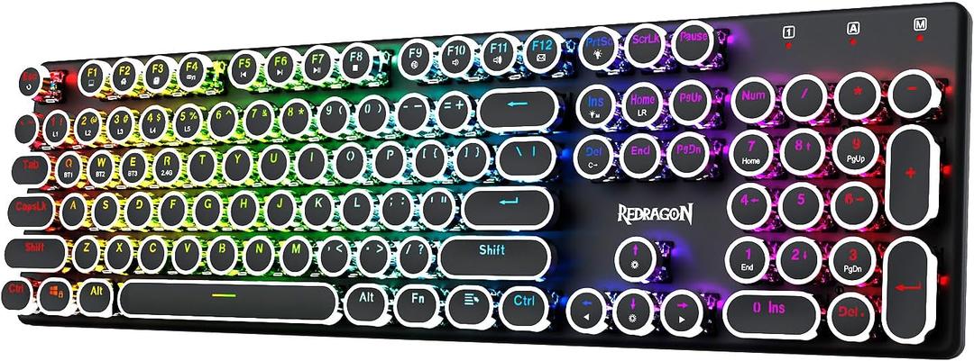 Redragon Wireless Typewriter Style Mechanical Gaming Keyboard, Bluetooth/2.4Ghz/Wired, RGB Backlit, Rechargeable, Blue Switch - Clicky, Metal Panel, Round Keycaps, Black