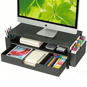 Desk Organizer and Accessories, 2-Tier Computer Monitor Stand Rise with Storage Drawer & 2 Pen Holders, Laptop & Printer Stand for Desktop, Workspace Organizers for Office Supplies (Black)