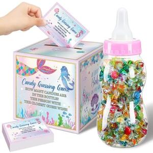 Glenmal 52 Pcs Baby Shower Games Gift Sets Large Baby Bottle for Shower Game Guess How Many Candies Decorations for Gender Reveal(Mermaid)