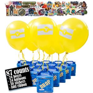 Glittery Garden Game Party Military Supply Loot Drop Box Party Favors. Decoration and Gift Bags, Gaming-Themed Birthday Activities and Party Supplies (24-Pack & balloons)