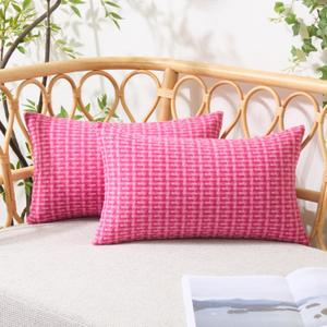 UGASA Valentines Outdoor Waterproof Pillow Covers Pack of 2 Weaving Texture Water Resistant Outside Decorative Pillow Cases for Patio Garden Porch Yard Bench Tent 12x20 Inch, Hot Pink