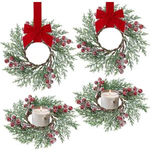 Sggvecsy 4 Pcs Christmas Candle Rings Norfolk Pine Wreath Artificial Red Berries Small Wreaths Table Centerpieces Kitchen Cabinets Pillars Mini Candle Rings for Window Front Door Decor