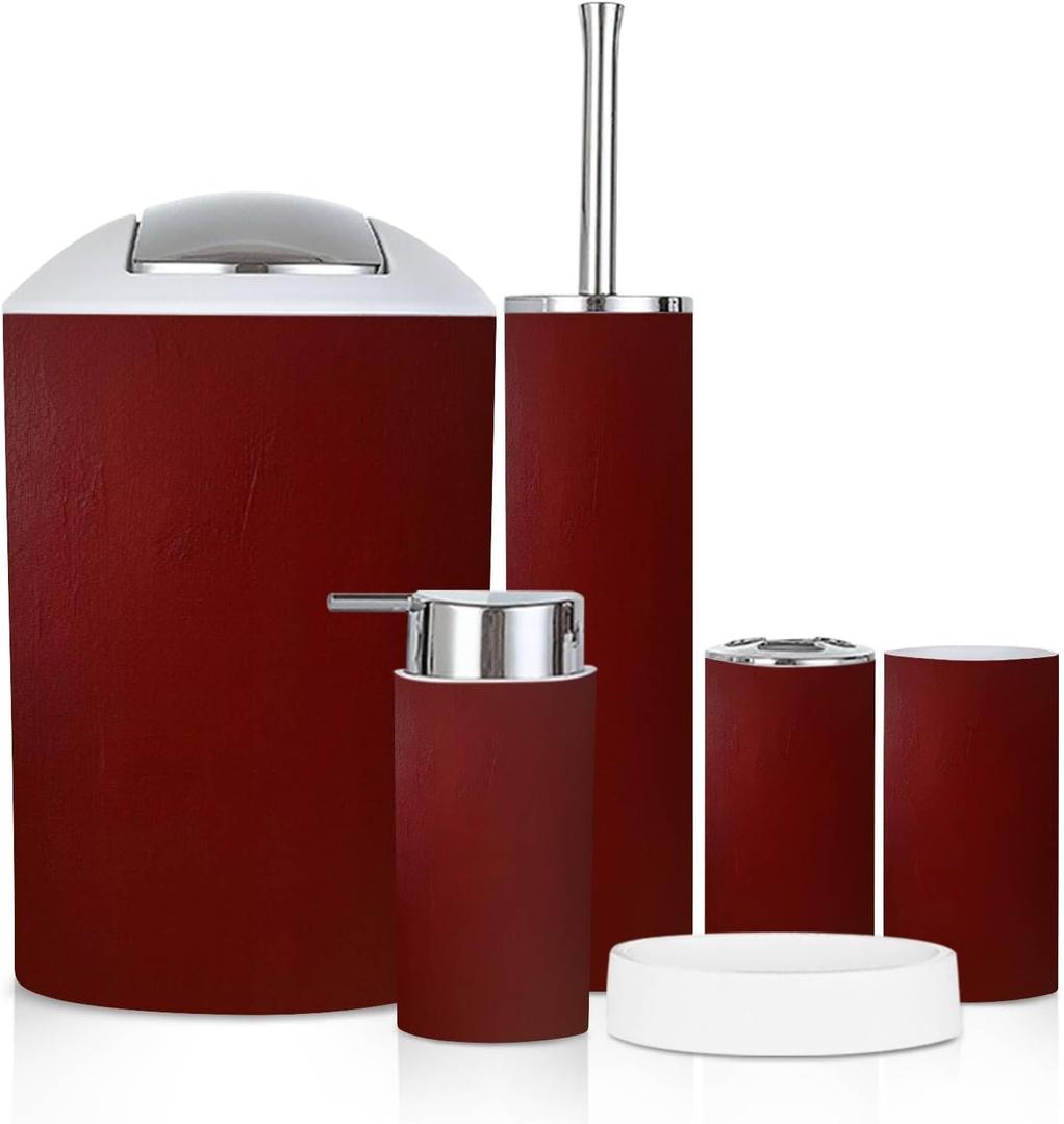 Bathroom Accessory Set 6 Piece Burgundy Acrylic Watercolor Marble Shiny Toothbrush Holder, Toothbrush Cup, Soap Dispenser, Soap Dish, Toilet Brush Holder, Trash can, xoniKYxlaPeIs-6j