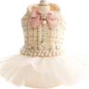 Luxury Pink Tweed Dog Dress & Cat Wedding Dress, Pearl Bow Princess Pet Formal Outfit with Structured Fit, Soft Lining & Tulle Skirt for Small Dogs and Cats(M)