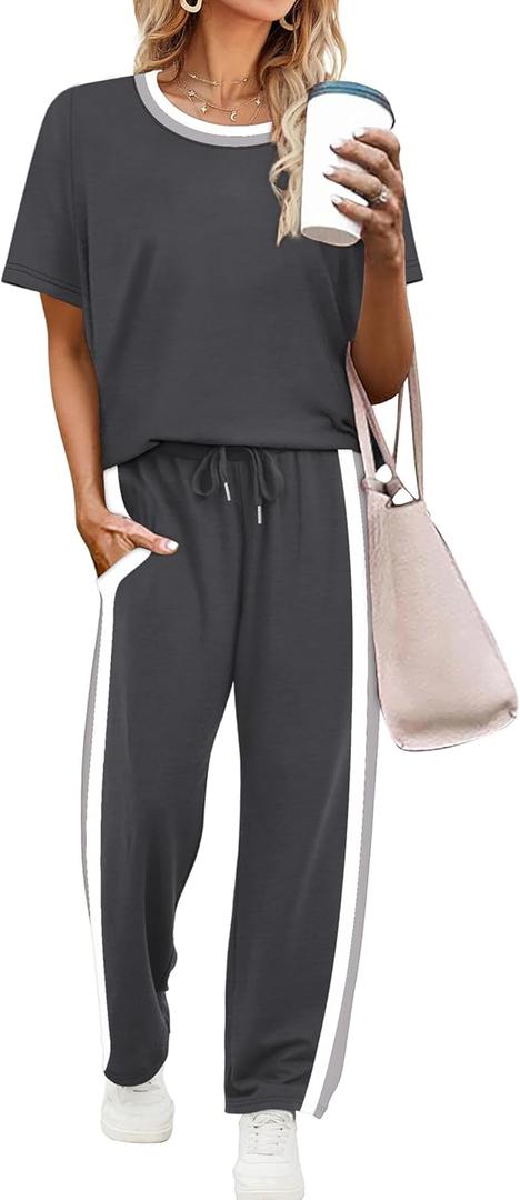 WIHOLL 2 Piece Lounge Sets for Women Business Dressy Casual Outfits Summer 2026 Fashion Spring Clothing Short Sleeve Pajama Teacher Tops Grey S