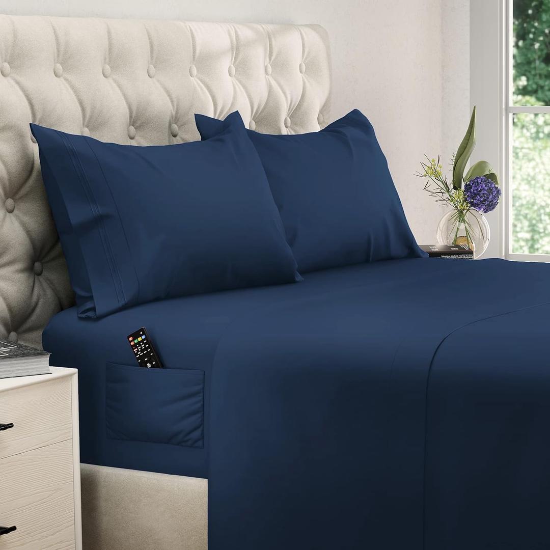 DREAMCARE King Size Sheets Set 4 pcs Cooling Sheets up to 21 Deep Pocket King Sheet Set Hotel Luxury Sheets & Pillowcases Superior Softness 100% Fine Microfiber with Side Pocket Navy Blue