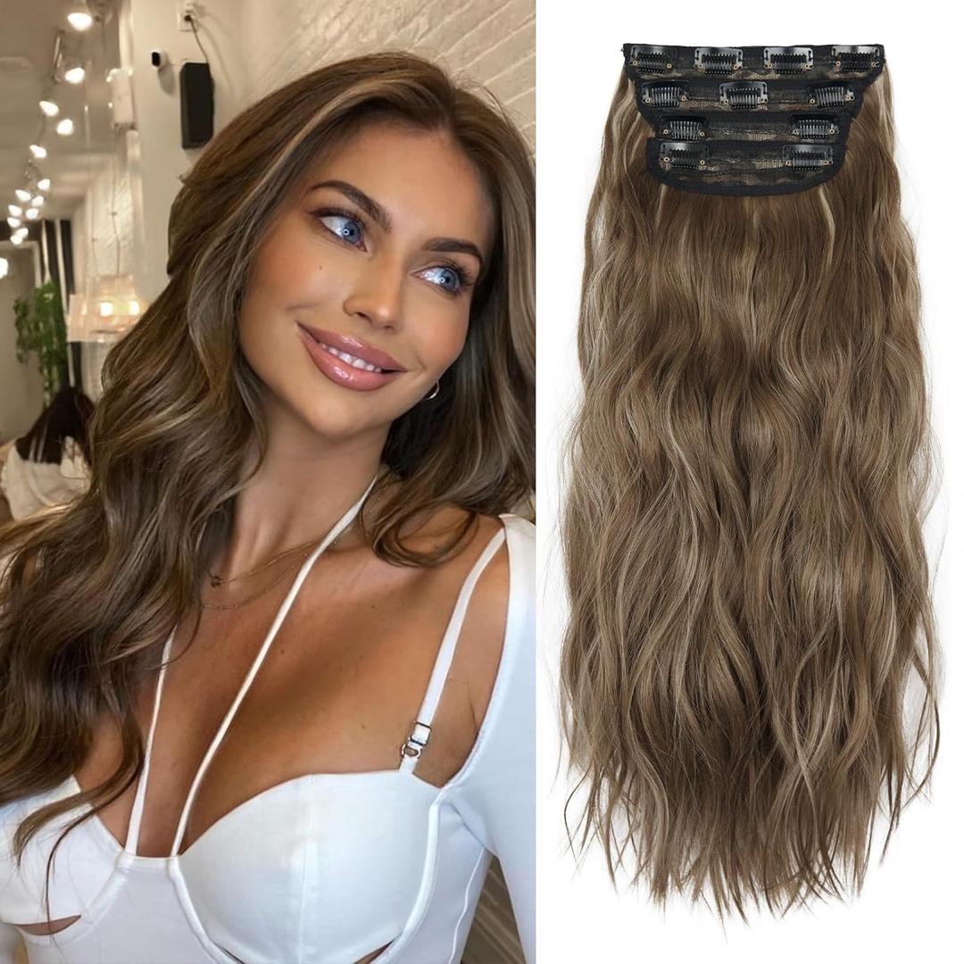 4PCS Clip in Hair Extensions Natural Soft Synthetic Hairpieces for Women Honey Blonde Mixed Chestnut Brown Extensins for Women (Honey Blonde Mixed Chestnut Brown)