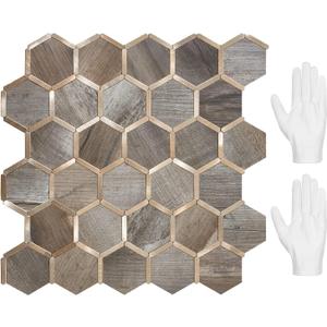 STICKGOO Hexagon Peel and Stick Backsplash Tile, Stick on Backsplash for Kitchen and Bathroom, Wood Texture PVC Mixed Metal Gold Self Adhesive Wall Tiles(10 Sheets, Seamless) (Wood Texture with Metal Gold)