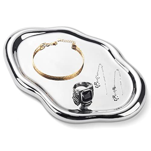 CESTATIVO Jewelry Dish Tray, Ring Dish, Ceramic Trinket Small Key Mother's Day, Christmas, Thanksgiving, Birthday Gift for Mother Daughter Friends Silver