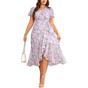 EYWOL Plus Size Wedding Guest Dress for Women, Floral Chiffon Midi Wrap Dress, Flutter Sleeve High Waist Flowy Summer Dresses (Purple, M)