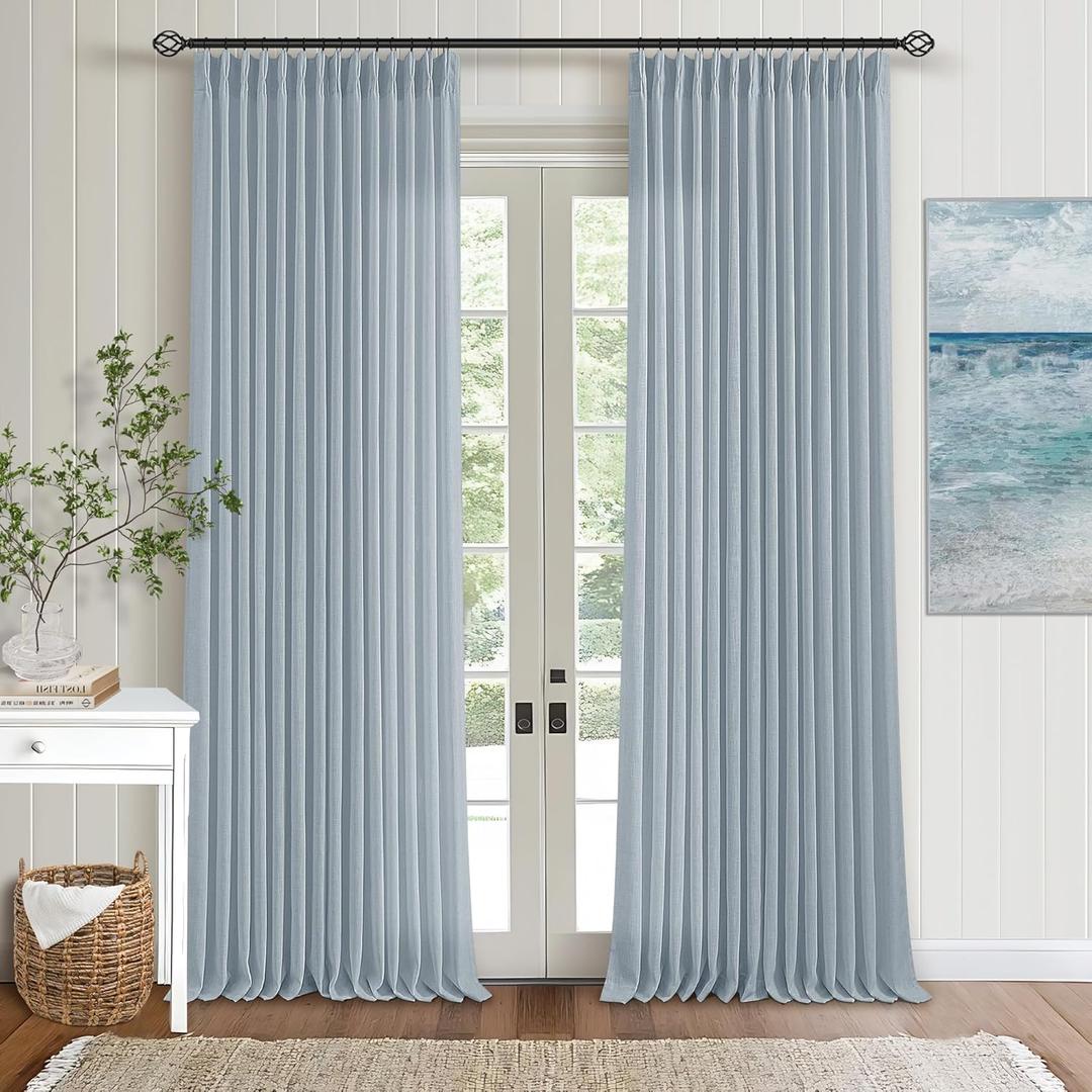 Light Blue Linen Curtains 102 Inches Long for Living Room Pinch Pleated Drape with Hooks Rings for Track System Light Filtering 102 Inch Curtain for Bedroom Sliding Patio Door 2 Panels Dusty Blue