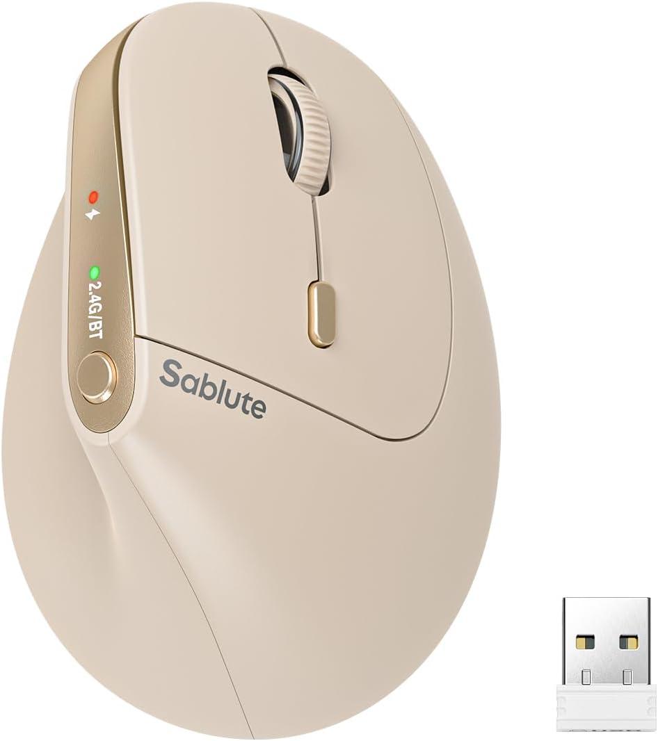SABLUTE MAM3 Ergonomic Mouse, Rechargeable Wireless Vertical Mouse with 4 Adjustable DPI for Small/Medium Hands, Dual-Device Connectivity for Computer/PC/Laptop, Bluetooth Mouse for Window, Mac OS, Beige