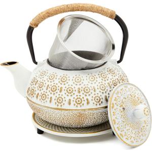 Juvale Stovetop Cast Iron Tea Kettle with Infuser - Superior Heat Retention Loose Leaf Tea Pot - Built-In Teapot with Strainer - Includes Trivet & Infuser Kettle - White, 27 Oz (800 ml)