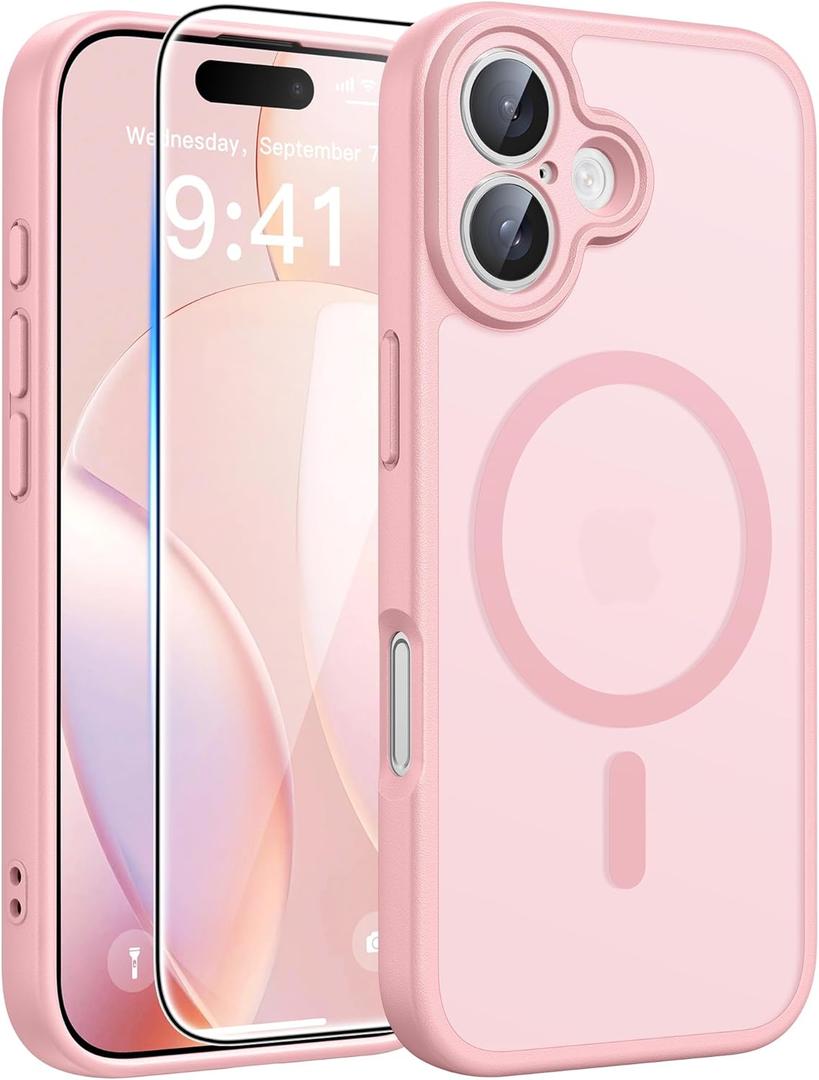 FNTCASE for iPhone 16 Case: [Compatible with Magsafe] Translucent Matte Cases with [Full Camera Protection] [Screen Protector] Military Grade Shockproof Protective Phone Cover - Light Pink