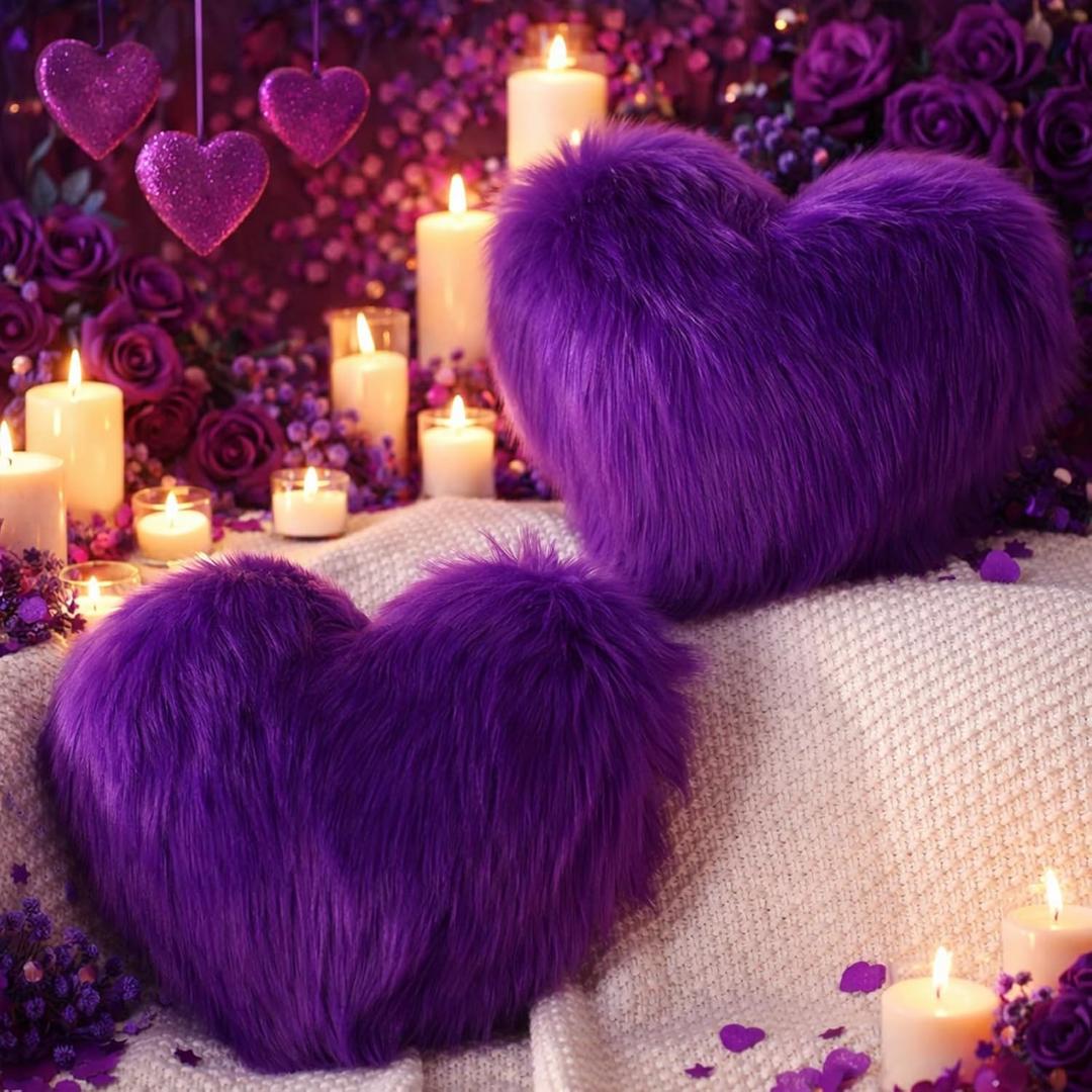 Maitys 2 Pcs Heart Shaped Pillows 12 x 16 Inch Faux Fur Throw Fluffy Cute Soft Throw Pillows Decorative with Insert for Anniversary Bedroom Living Room Sofa Couch (Violet)