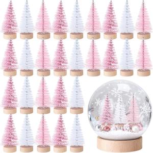 Sumind 96 Pieces Mini Bottle Brush Trees Small Artificial Christmas Trees with Wood Base Mini Sisal Tree for Xmas Party Table Craft Decor (Pink,White)