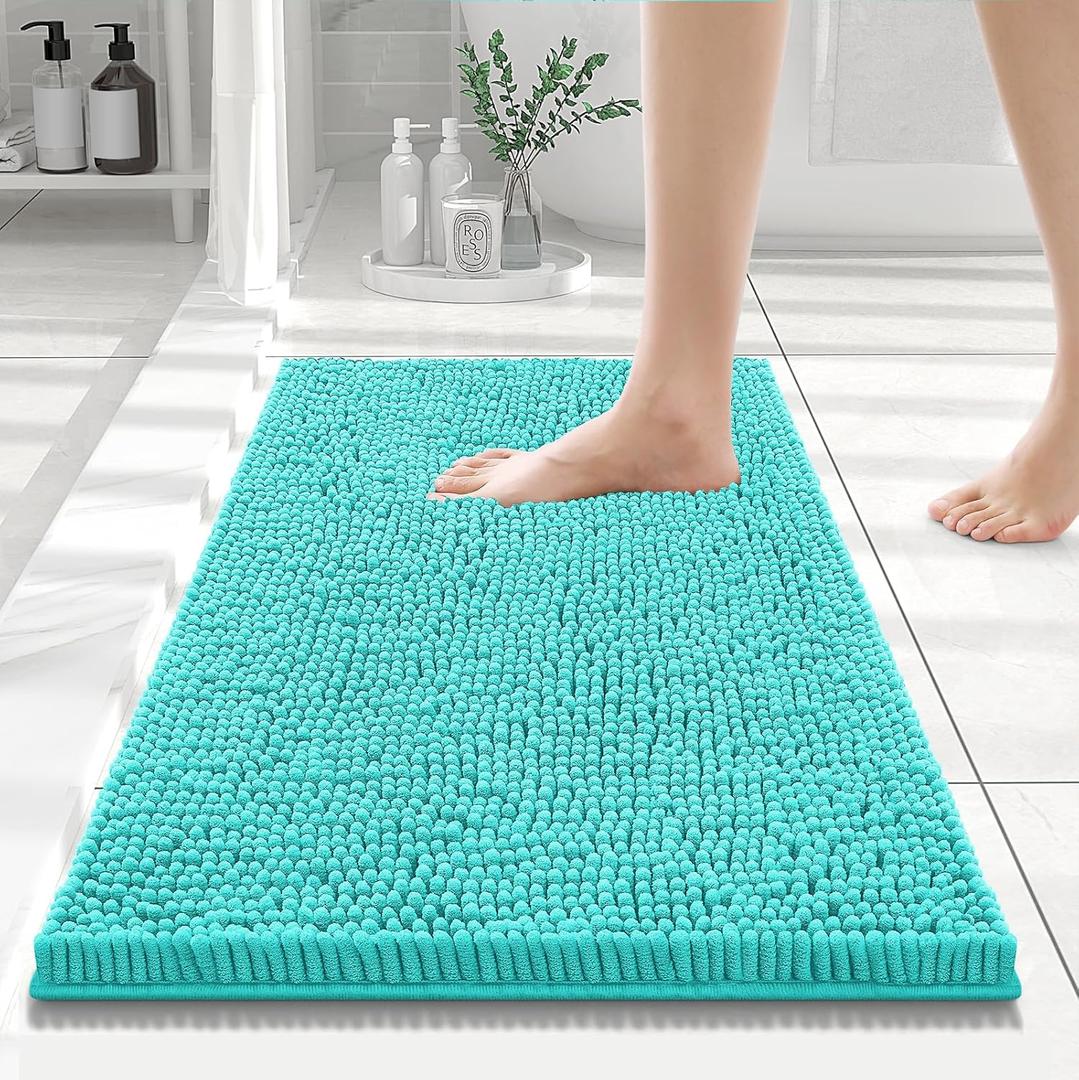 Smiry Luxury Chenille Bathroom Rugs 24x16, Extra Soft and Absorbent Shaggy Bath Mat, Machine Washable, Non-Slip Plush Carpet Runner for Tub, Shower, and Floor, Home Decor Accessories, Turquoise