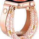 fastgo Leather Wrap Bracelet Band Compatible with Apple Watch 40mm 38mm 41mm Women, Elastic Crystal Beaded Bracelet Strap for IWatch Series SE & Series 9 Ultra 8 7 6 5 4 3 2 1 Pink(Rose Gold/Pink)