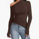 Women's Sexy Off Shoulder Tops Dressy Long Sleeve Asymmetrical Slim Fit Going Out Fall Blouse Ruched Shirts, Large