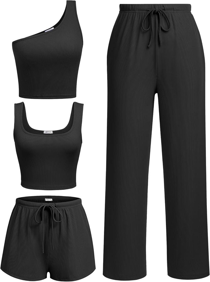 Ekouaer Womens 4 Piece Lounge Sets Ribbed Knit Crop Tank Top and Shorts Pants Casual Outfits, XXL