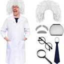 XonyiCos 8 Pcs Mad Scientist Costume for Adult Halloween Albert Einstein Costumes Mad Scientist Wig Lab Coat (White,XL)