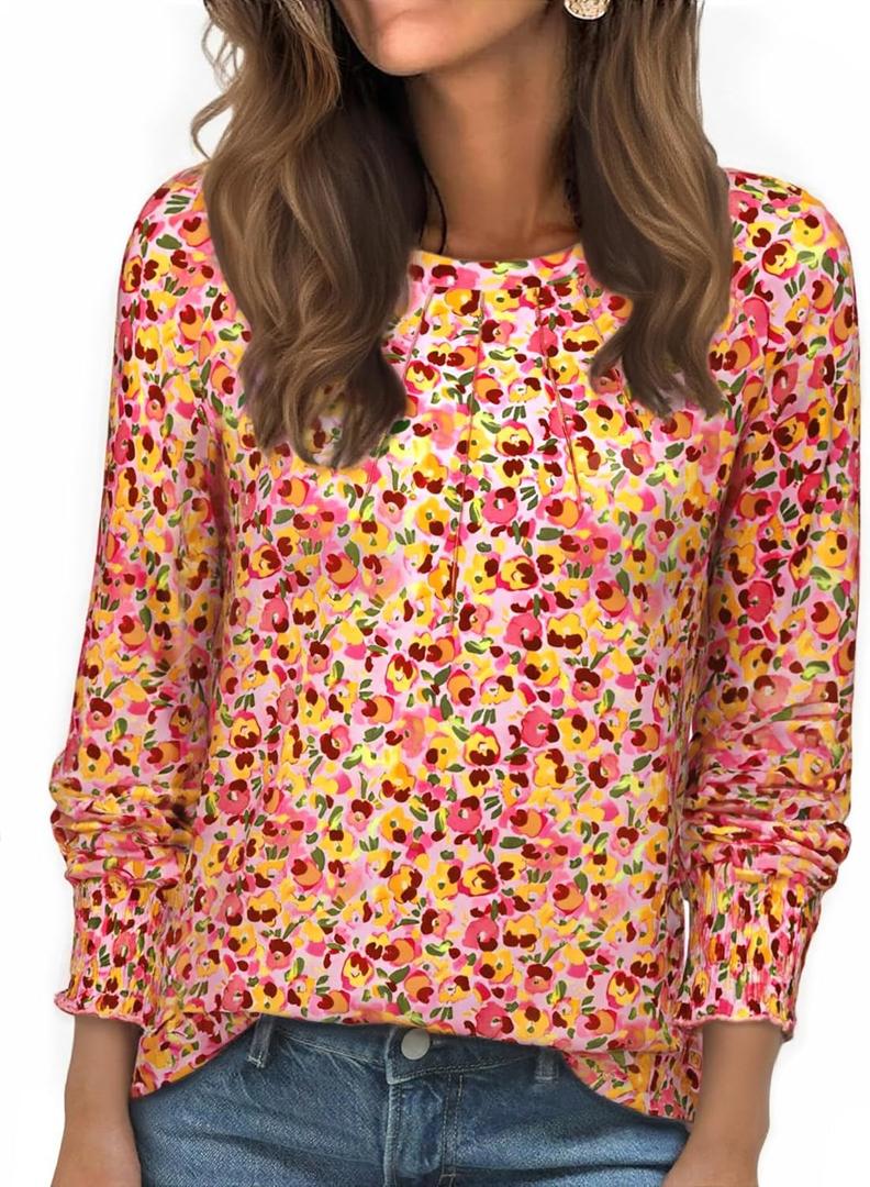 Long Sleeve Shirts for Women 2026 Spring Dressy Casual Blouses Pleated Crewneck Tunic Tops for Leggings Cute Tee (Large, Yellow Floral)