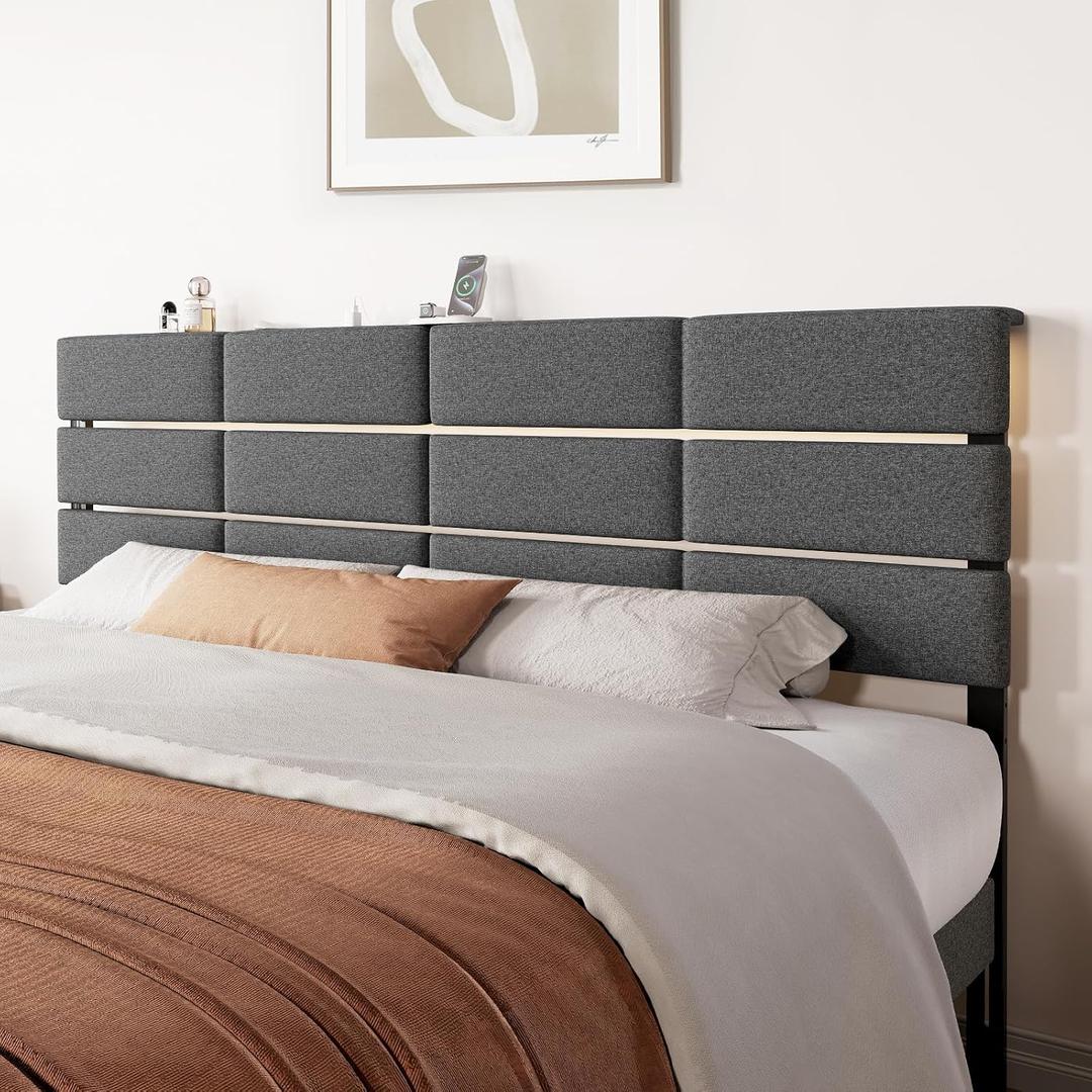 King/Cal King Size Upholstered Headboard, Adjustable Head Boards with LED Light & Charging Station, Bed Headboard Only, Attach Frame, Ideal for Bedroom, Dorm, Guest Room, Dark Grey