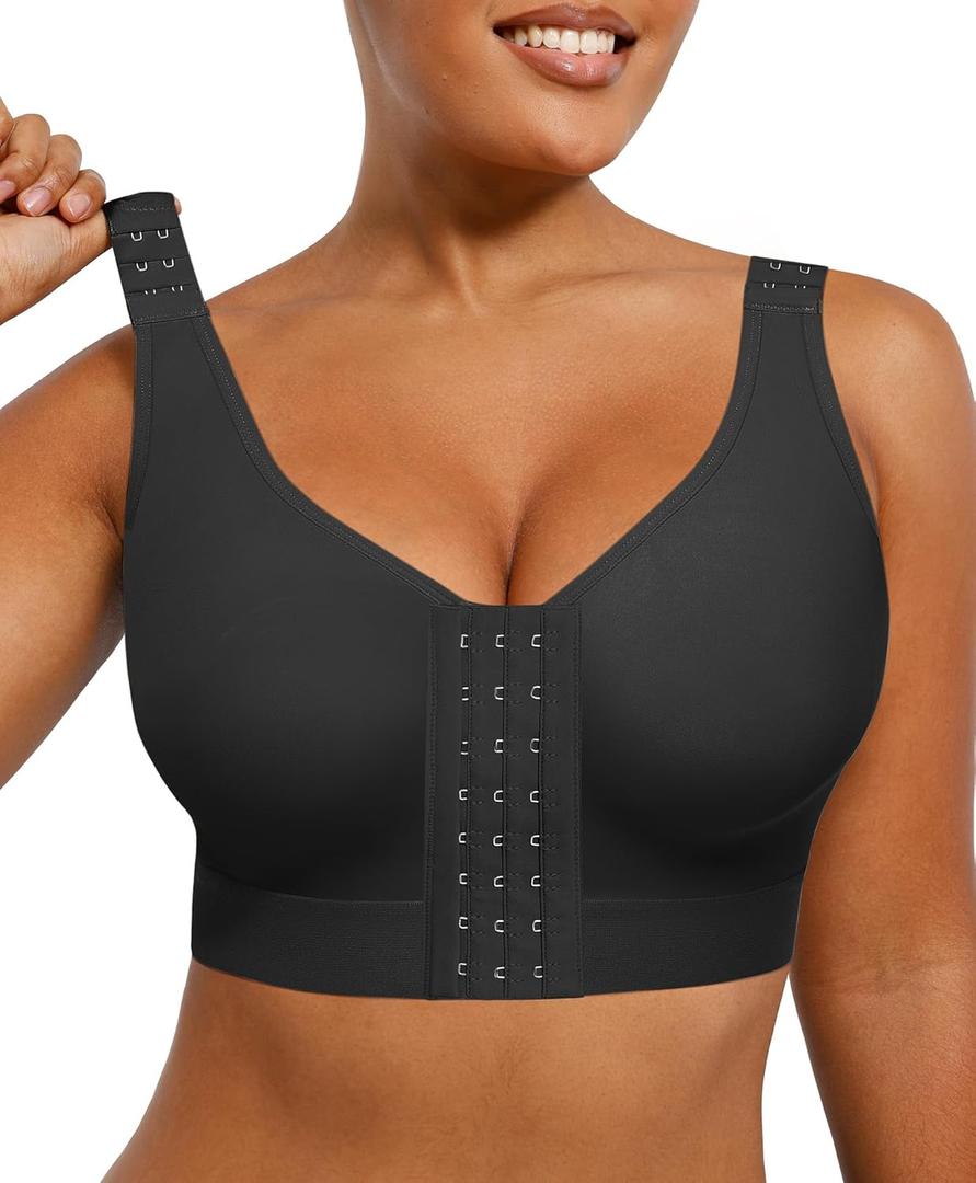 SHAPELLX Post Surgery Bras Front Closure Compression Bra Wirefree Mastectomy Bra with Adjustable Straps (Black), Size: XL