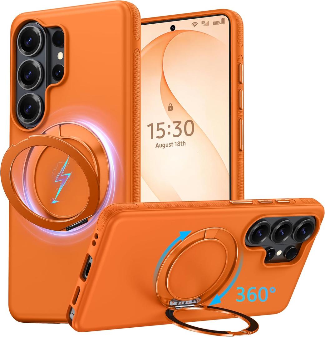 Oterkin for Samsung Galaxy S26 Ultra Case with 360 Spin Magnetic Stand [Fit for MagSafe] [Non-Slip] [15FT-Shockproof] Slim Protective Case for Galaxy S26 Ultra Men/Women, Orange