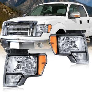 Headlight Assembly, Headlights Kit Compatible with 2009-2014 Ford F150 Replacement Headlamp Chrome Housing Amber Reflector