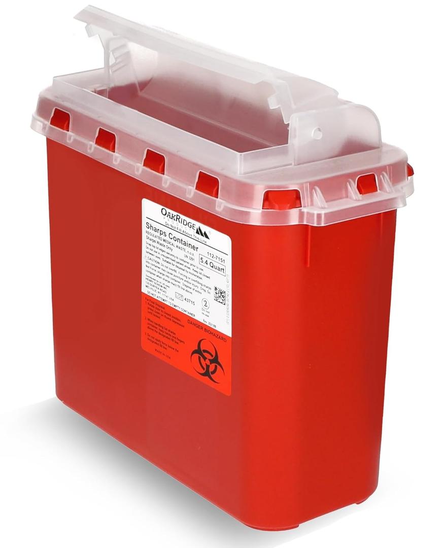 Oakridge Products Transparent Sharps Container for Home Use and Professional 5.4 Quart (1-Pack), Touchless Biohazard Needle and Syringe Disposal, Rotating Lid, CDC Certified