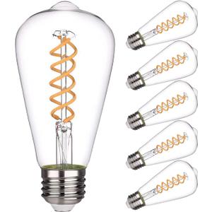 6 Pack ST19 ST58 Edison Bulb, Vintage LED Filament Bulb,Softy White 2700K, Antique Flexible Spiral LED Filament Light Bulb, Dimmable 600LM, 6W Equivalent to 60W, E26 Base,Clear Glass