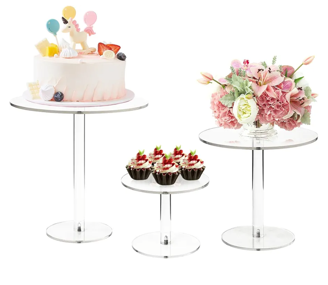 WILLSIN Acrylic Cake Stand, Round Cake Stands for Dessert Table, Clear Cupcake Stand for Birthday Party, Pastry Candy Pizza Display Riser for Wedding Event (3 sets)