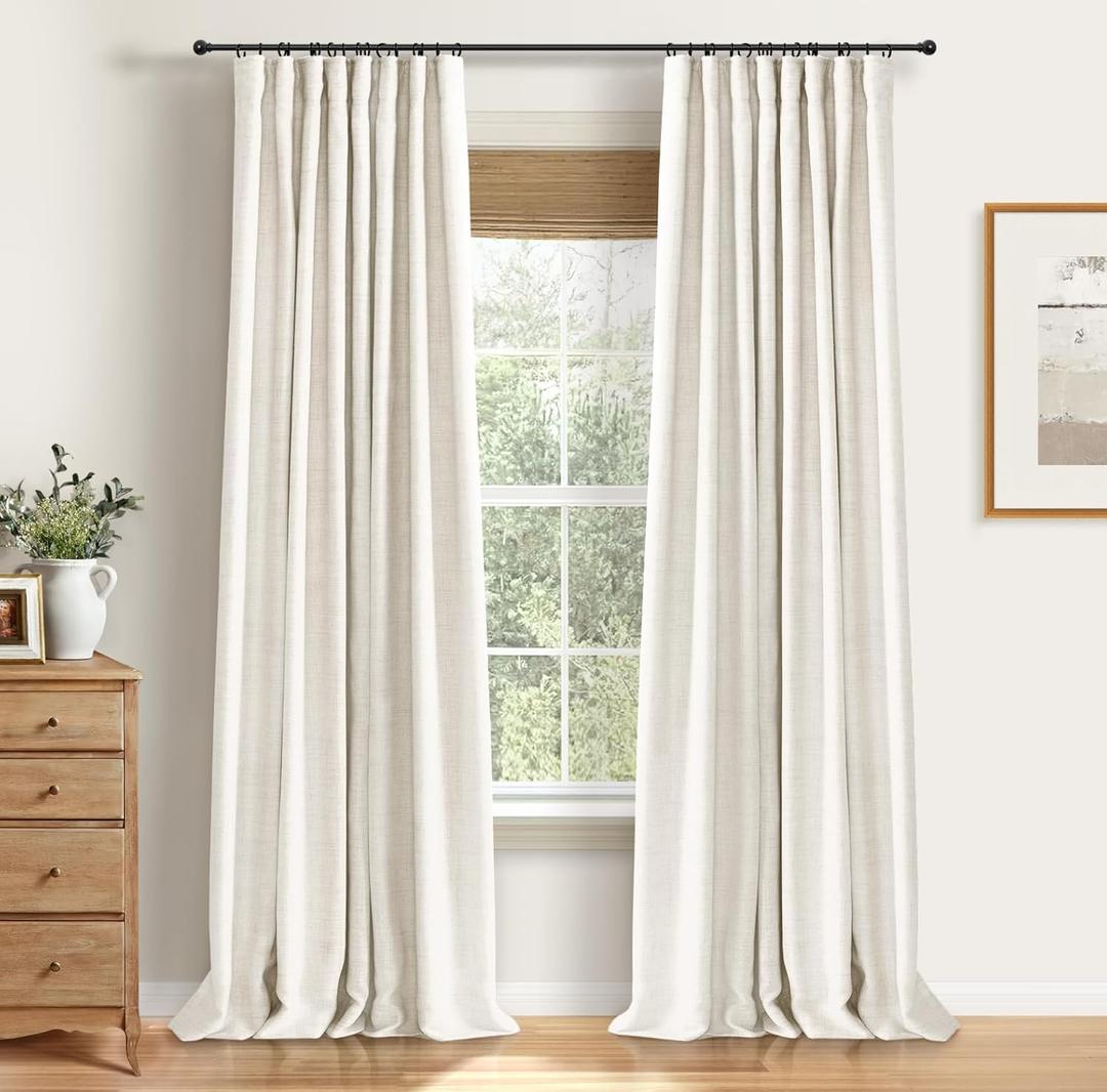 100% Blackout Shield Full Blackout Curtains for Bedroom 84 inch Length 2 Panels Set, Clip Rings/Rod Pocket Faux Linen Black Out Curtains for Living Room, Thermal Insulated, 50Wx84L, Beige