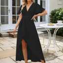 Womens Summer Short Sleeve V Neck Maxi Dress High Low Split Long Flowy Dresses Formal Cocktail Wedding Guest Dresses (Black, L)