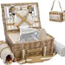 G GOOD GAIN Picnic Basket for 2-19Pcs Wicker Picnic Set with Waterproof Blanket & Wine Bag| Large Picnic Hamper with Insulated Cooler & Cutlery Kit for Couples Camping,White Flower,15x10.6x7.5inch