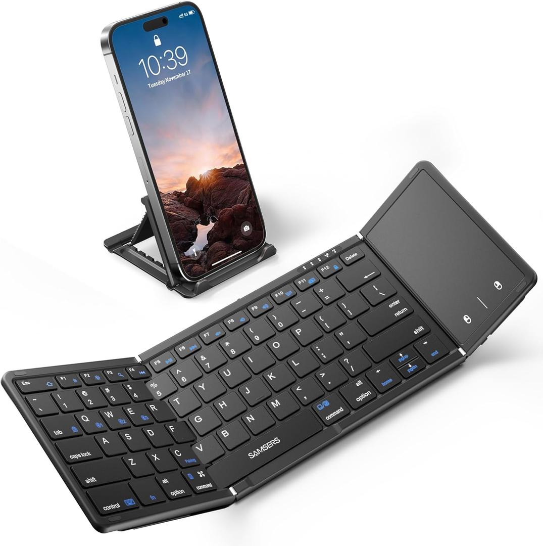 Samsers Foldable Bluetooth Keyboard with Touchpad, FullSize Wireless Folding Keyboards with Backlight, Portable Travel for iOS Android Windows Mac OS, Support 3 Device(BT5.1 x 3), Black