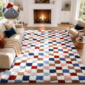 Ophanie Checkered Rainbow Rug for Living Room Bedroom,Colorful Fluffy Soft Cute Fuzzy Area Rugs,Shag Plush Shaggy Bedside Floor 8x10 Furry Carpet for Kids Teen Dorm Decor with Over 99 pcs Pile fibers