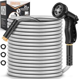 Garden Hose Metal 25FT, Stainless Steel Heavy Duty Water Hose With 10 Function Nozzle, No-Kink, Tough & Flexible, Sturdy and Lightweight, Rust Proof for Yard, Outdoor, RV