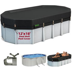 QH.HOME 550D 12x18 FT Oval Pool Cover [Upgraded Tear Resistant & Threefold Windproof] wth Pre-Installed Winch and Rope,Pool Covers for Above Ground Pools Oval-Snug Fit & Waterproof Protection, 12'x18'Oval-Steel Wall