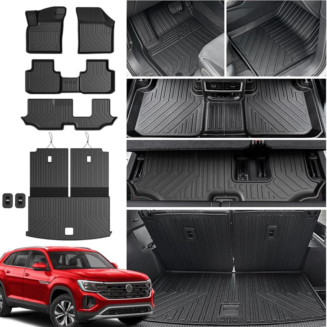 Floor Mats for 2018-2025 2026 Volkswagen Atlas 7 Passenger Bench Seating (Not for Cross Sport), All Weather TPE Durable Cargo Mat with Backrest Mats for VW Atlas Accessories